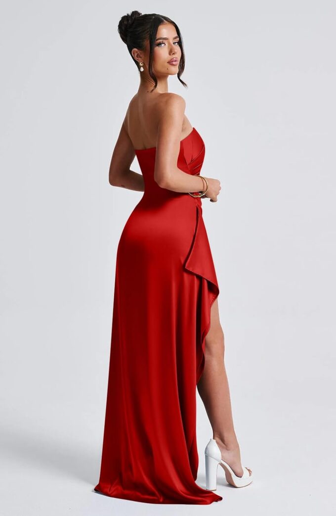Memoriesea Women's Sexy Strapless Neck Ruched High Slit Cocktail Party Maxi Dress – Bild 3