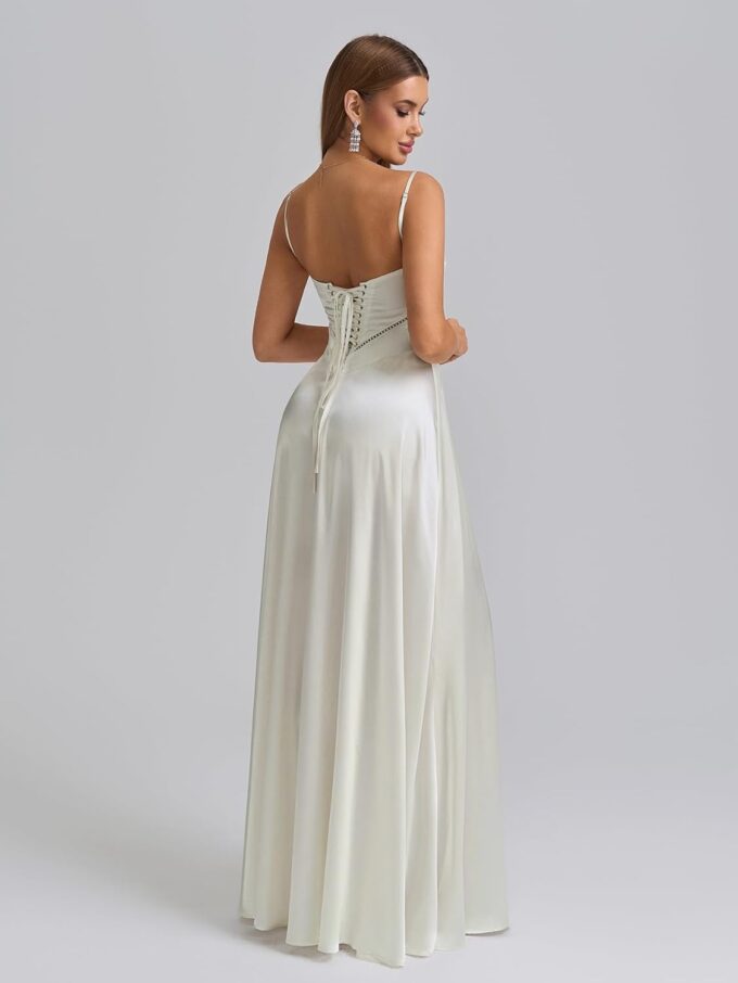 KUTUMAI Satin Maxi Dress Spaghetti Strap Lace Up Long Formal Dresses for Women Wedding Guest Cocktail Evening Prom – Bild 3