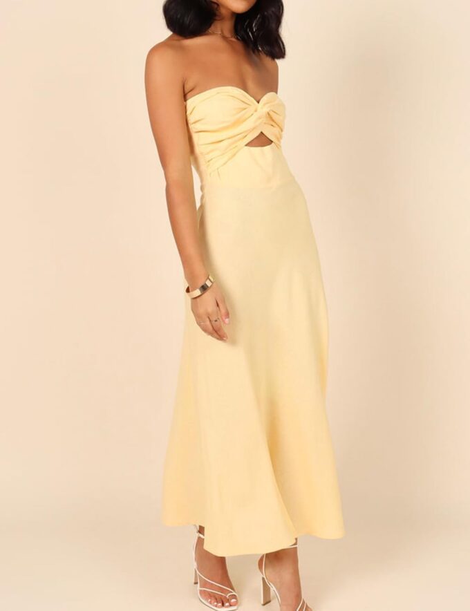 Fiemaoves Sexy Twist Front Strapless Sweetheart Neckline Midi Dresses for Women Smocked Cutout Tube Linen Dress Wedding Guest – Bild 5