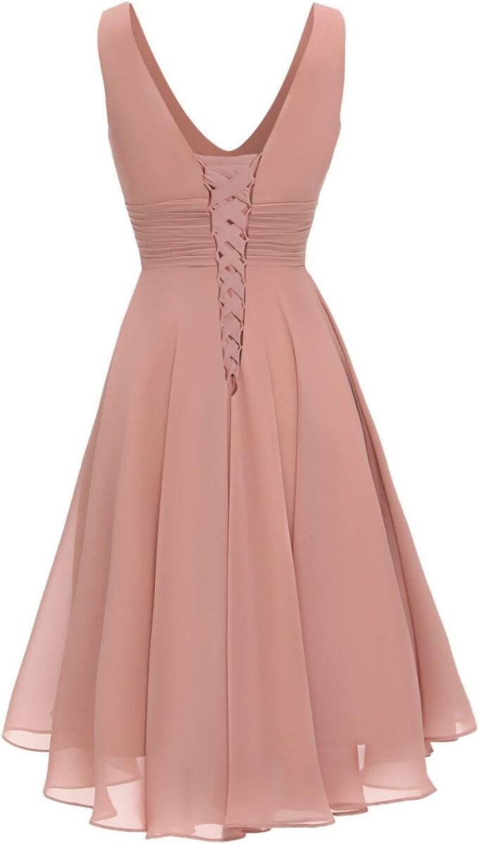 Women’s Double V Neck Short Bridesmaid Dresses 2025 Ruched Chiffon Formal Homecoming Dress for Party RO047 – Bild 2