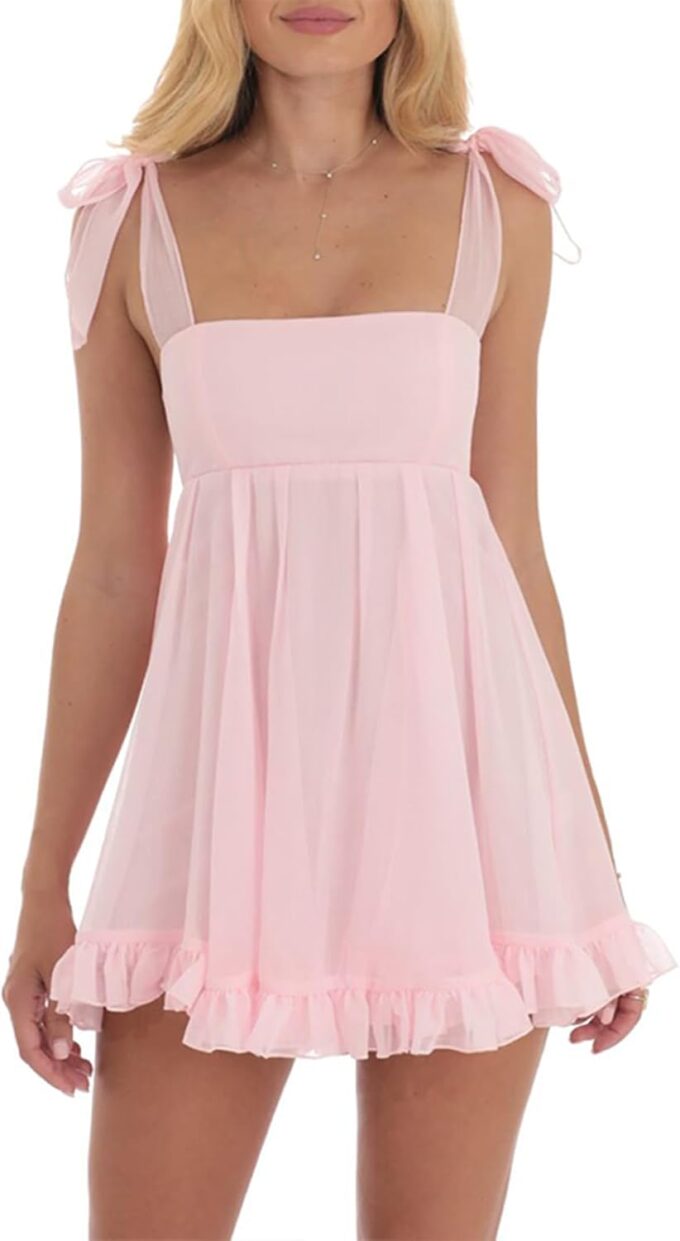 Women Y2k Tulle Babydoll Mini Dress Tie Shoulder Sleeveless Ruffled A-Line Flowy Short Dress Beach Streetwear