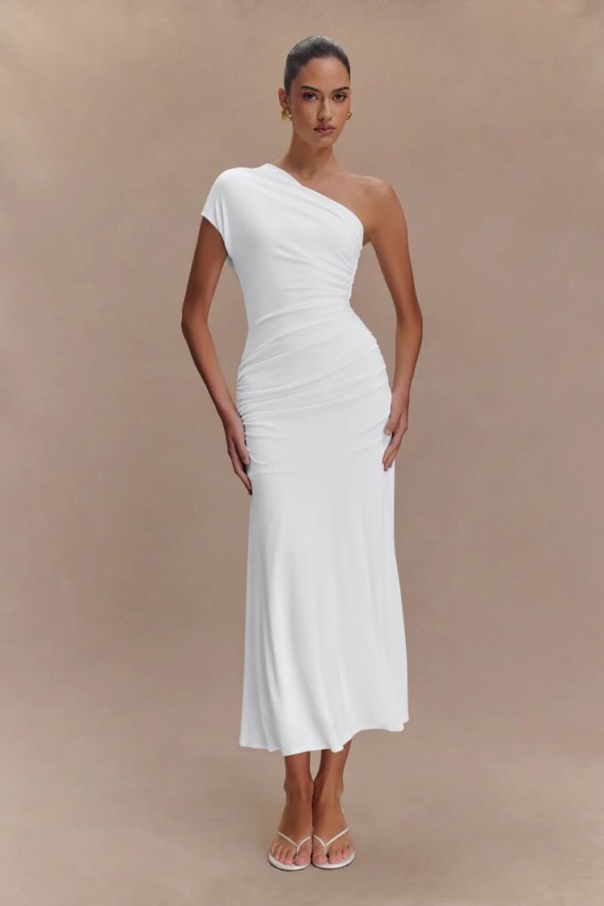 Memoriesea Women's Elegant One Shoulder Sleeveless Ruched Bodycon Cocktail Party Midi Dress – Bild 2