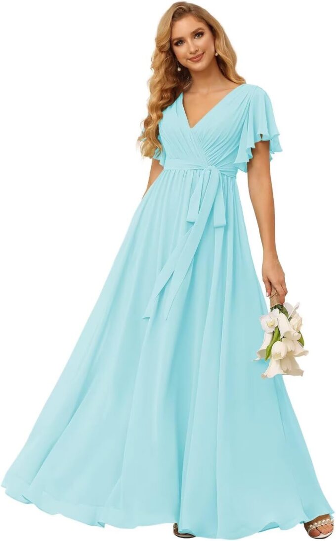 SEIM Women's Flutter Sleeve Bridesmaid Dresses Long V Neck Chiffon Formal Dresses with Pockets SE101