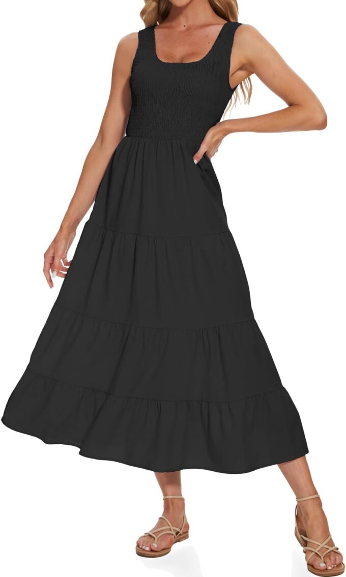 Women's Summer Smocked Maxi Dresses Sleeveless U Neck Ruffle Hem Tiered A Line Flowy Dress