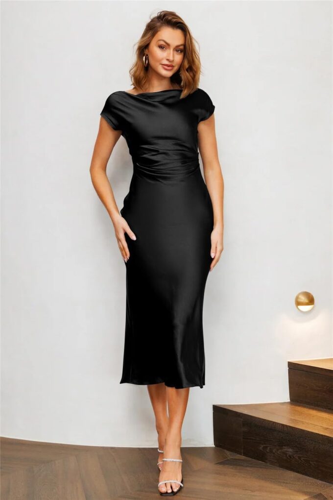 Memoriesea Women's Sexy Cowl Neck Cap Sleeves Tie Back Party Cocktail Midi Dress – Bild 6