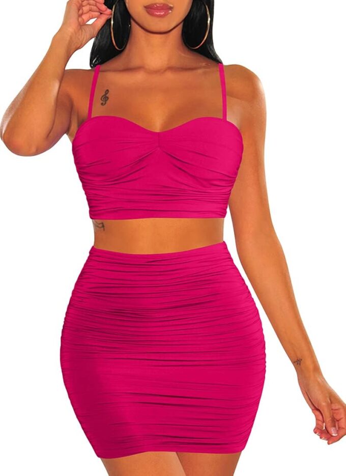 BEAGIMEG Women's Spaghetti Strap Sexy Top Bodycon Skirt Ruched 2 Piece Mini Dress
