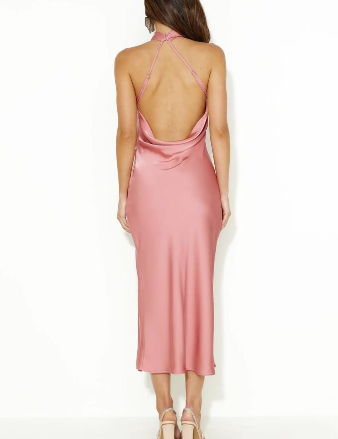Satin Halter Backless Silt Midi Dress for Women 2024 Elegant Formal High Neck Cowl Back Silk Wedding Guest Sexy Dresses – Bild 5