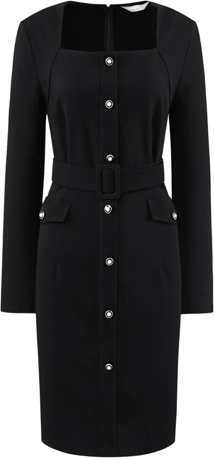 Hobemty Damen-Pancil-Kleid mit quadratischem Ausschnitt, langärmelig, mit Gürtel, geknöpft, für Arbeit und Büro