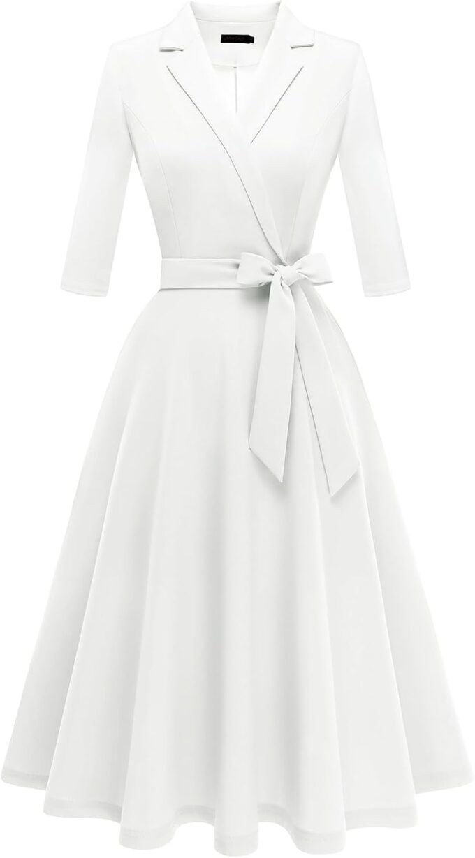 Meetjen Women's V-Neck Formal Dresses 3/4 Sleeve Modest Church Fit and Flare Cocktail Dress for Wedding Guest