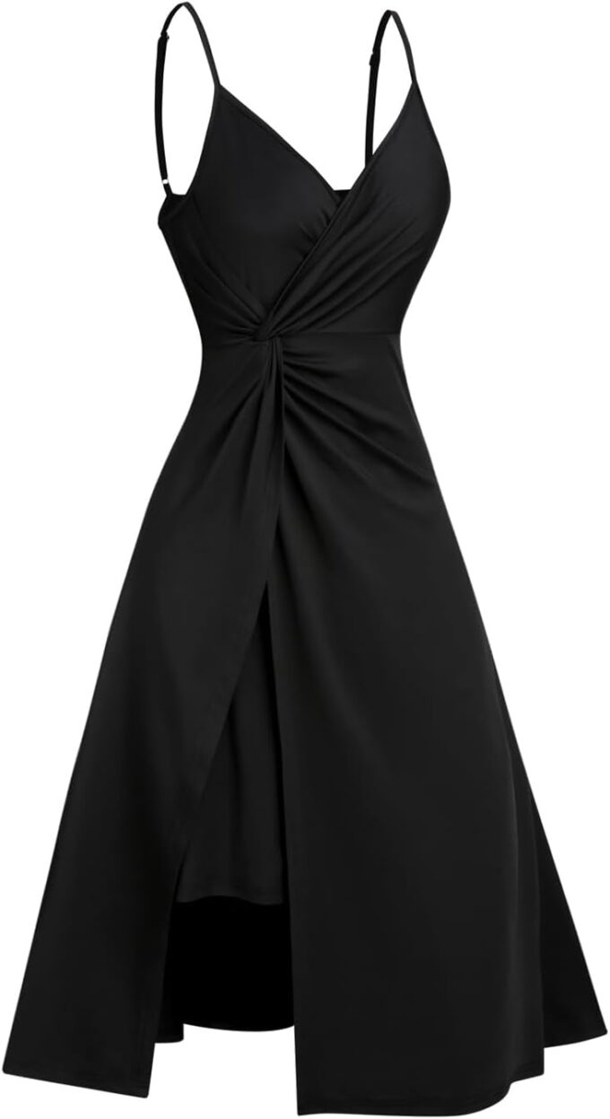 DRESSFO Gothic Vintage Retro Solid Sexy V Neck Backless Sleeveless Spaghetti Straps Cocktail Party Dress
