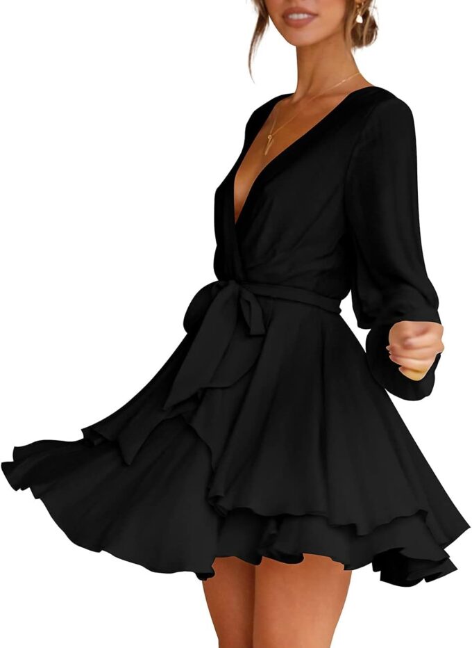 Cosonsen Women's Dress Deep V-Neck Long Sleeve Waist Tie Ruffle Mini Swing Skater Dresses – Bild 2