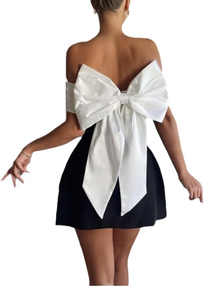 AIBEARTY Women's Elegant Big Bow Off Shoulder Mini Dress Sexy Strapless Backless Party Cocktail Evening Wedding Dresses – Bild 7