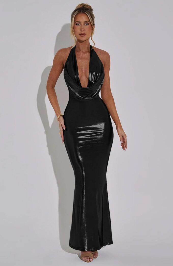 Memoriesea Women's Luxury Metallic Halter Neck Bodycon Party Evening Gown Maxi Dress – Bild 2