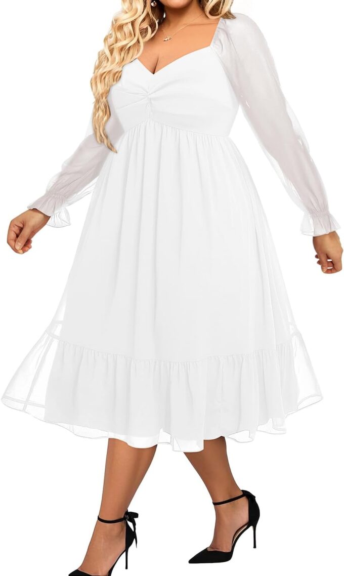 Plus Size Dresses Sweetheart Neckline Long Sleeves Chiffon Party Cocktail A Line Curvy Womens Midi Dress – Bild 4