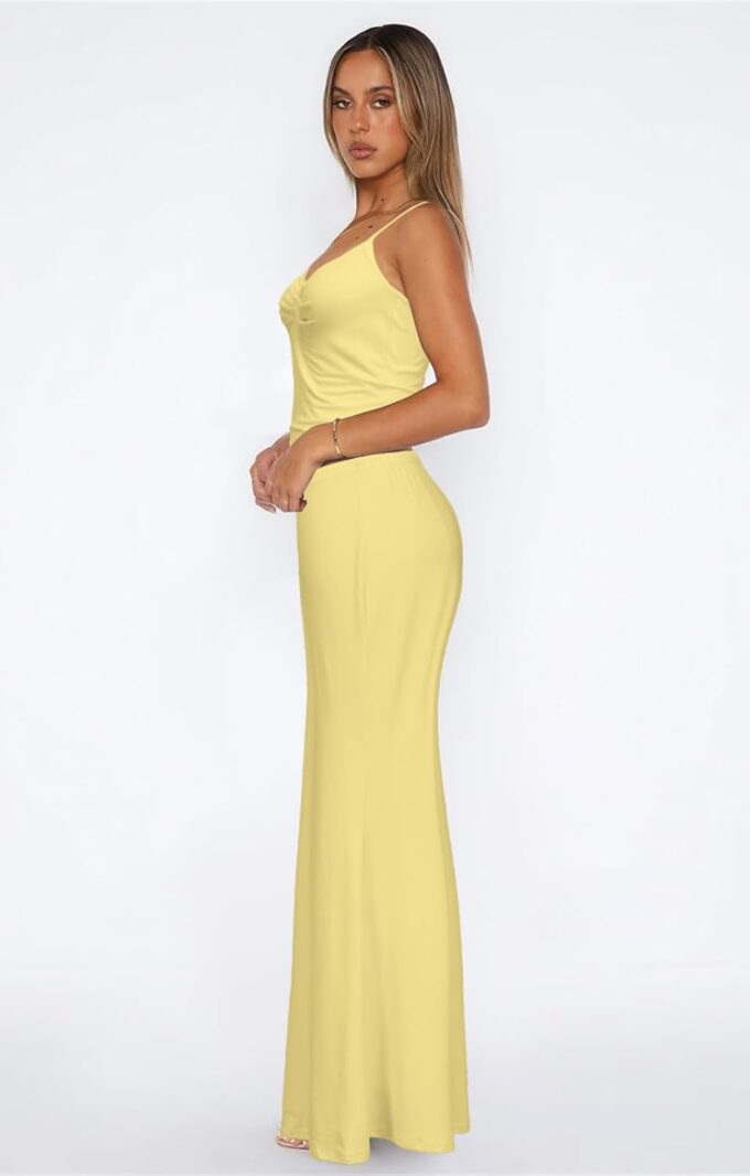 Two Piece Skirt Set for Women - Sexy 2 Pc Sleeveless Spaghetti Strap Pleated Tank Top Maxi Long Skirts Sets – Bild 3