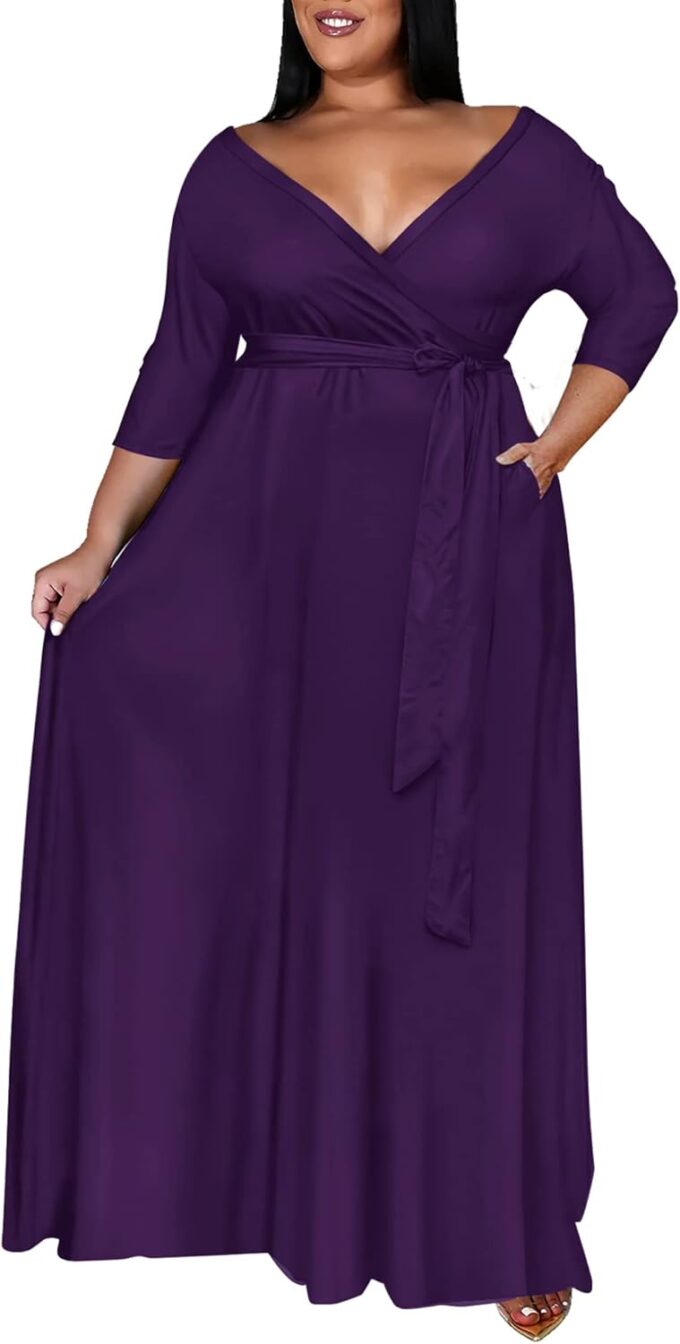 Runwind Plus Size Dress for Women - 3/4 Sleeve V Neck Printing Maxi Dresses for Women （XL-6XL） – Bild 2