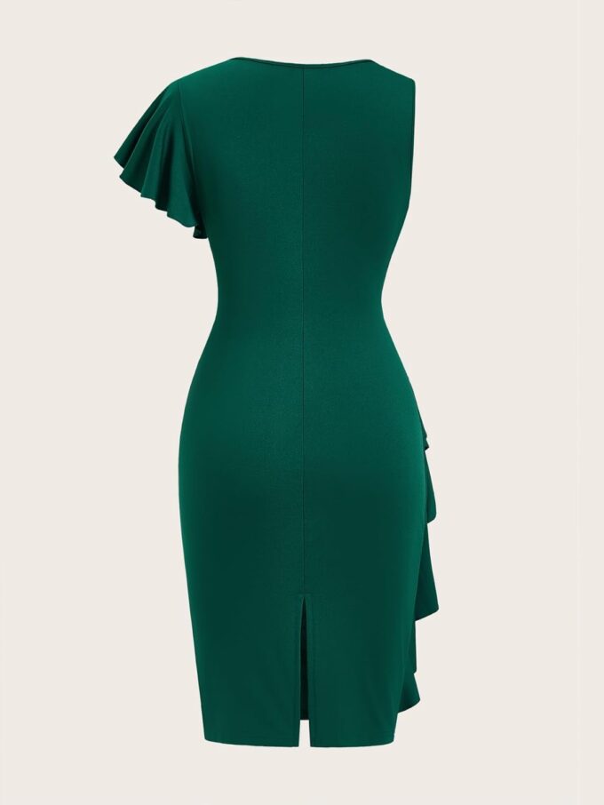 Women's Ruffle Trim Ruched Dress Crew Neck Split Hem Bodycon Elegant Cocktail Dresses – Bild 2