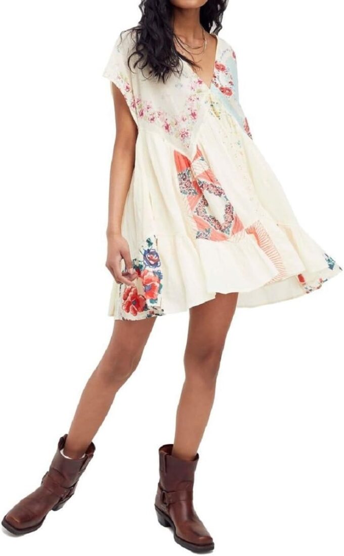Women Bohemian Floral Mini Dress Y2K Babydoll V Neck Short Dress Loose Fit Patchwork Dress Beach