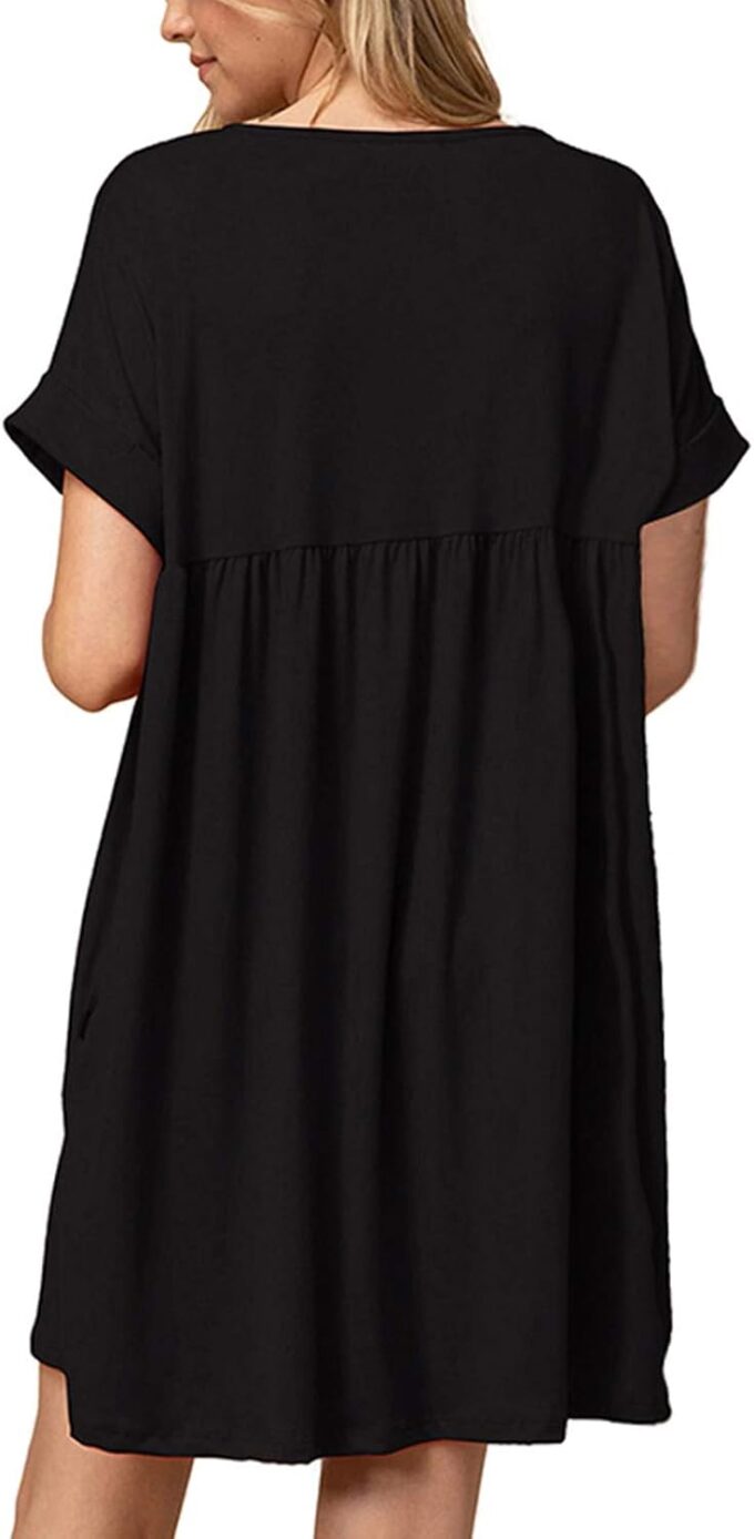 Jayscreate Women's Baby Doll Dress Summer Casual Tunic Pleated Flowy Swing Short Sleeve Black V Neck Mini Dress – Bild 2