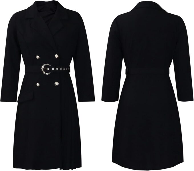 SOMTHRON Damen Revers Zweireihiges Blazerkleid V-Ausschnitt 3/4 Ärmel Plissee Business Midikleid mit Gürtel – Bild 6