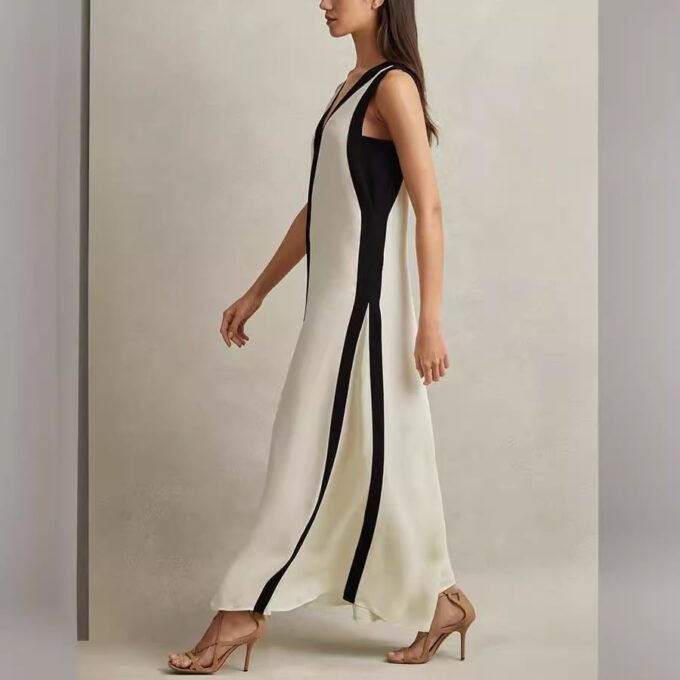 Women's 2025 Summer Sexy Maxi Dress Sleeveless V Neck Color Contrast Hollow Swing Cocktail Party Holiday Dresses – Bild 5