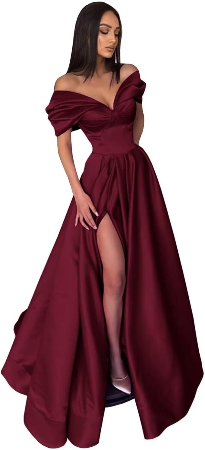 Women's Off The Shoulder Satin Prom Dress with Pockets Long Backless A-Line Formal Evening Gowns with Slit – Bild 5
