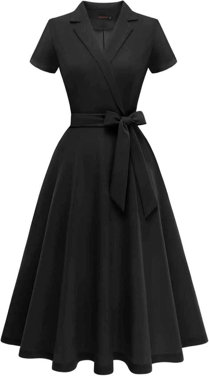 Meetjen Women's Vintage Cocktail Dresses for Wedding Guest Formal Short Sleeve Fit and Flare Church Tea Dress
