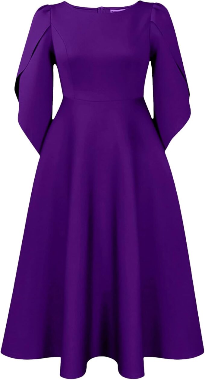 Women's Vintage Retro Tea Dress Round Neck High Waist Petal Sleeve A Line Cocktail Midi Dress – Bild 4