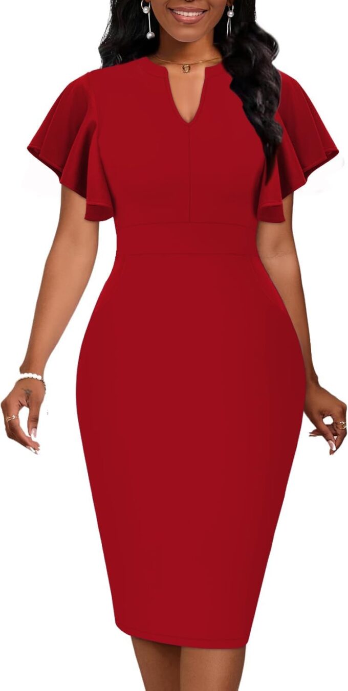 Mokayee Damen-Sommerkleid, kurzärmelig, V-Ausschnitt, A-Linie, Business, Freizeit, Hochzeit, Gast, Arbeit, mit Taschen