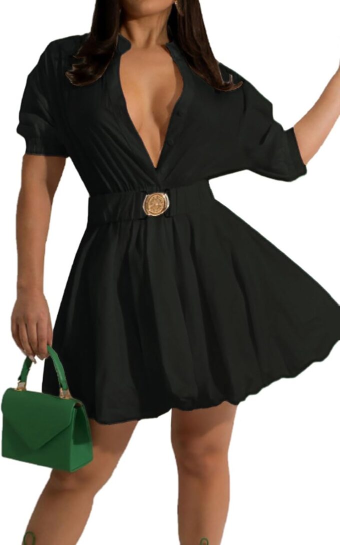 ENOPINK Womens Mini Dress Puff Sleeve Dresses 2025 Button Down Split V Neck High Waist Party Clubwear with Belt – Bild 4