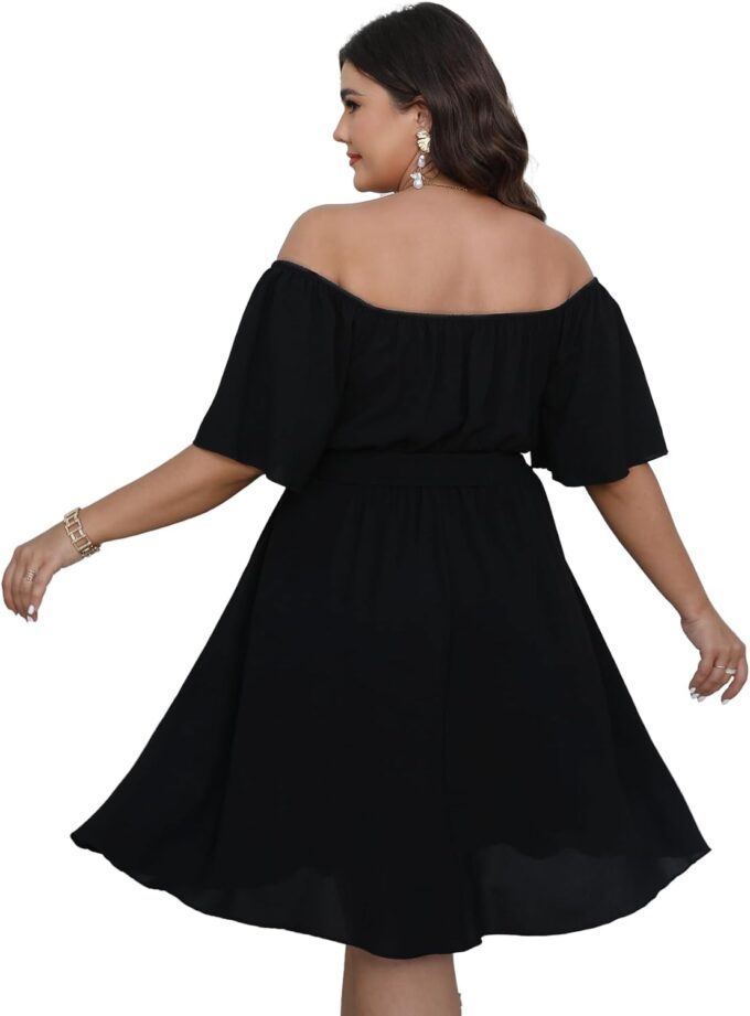 SCOMCHIC Womens Plus Size Cocktail Dress Summer Off Shoulder Short Sleeve Flowy Ruffle A-Line Cute Mini Dress with Belt – Bild 7