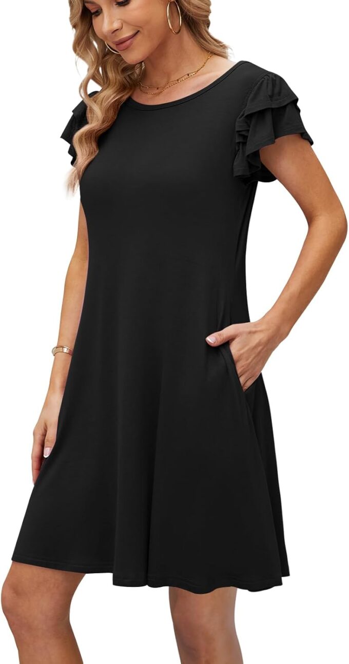 DB MOON Women 2025 Mini Dresses Summer Casual Ruffle Short Sleeve Cute Crew Neck Flowy Dress with Pockets – Bild 2