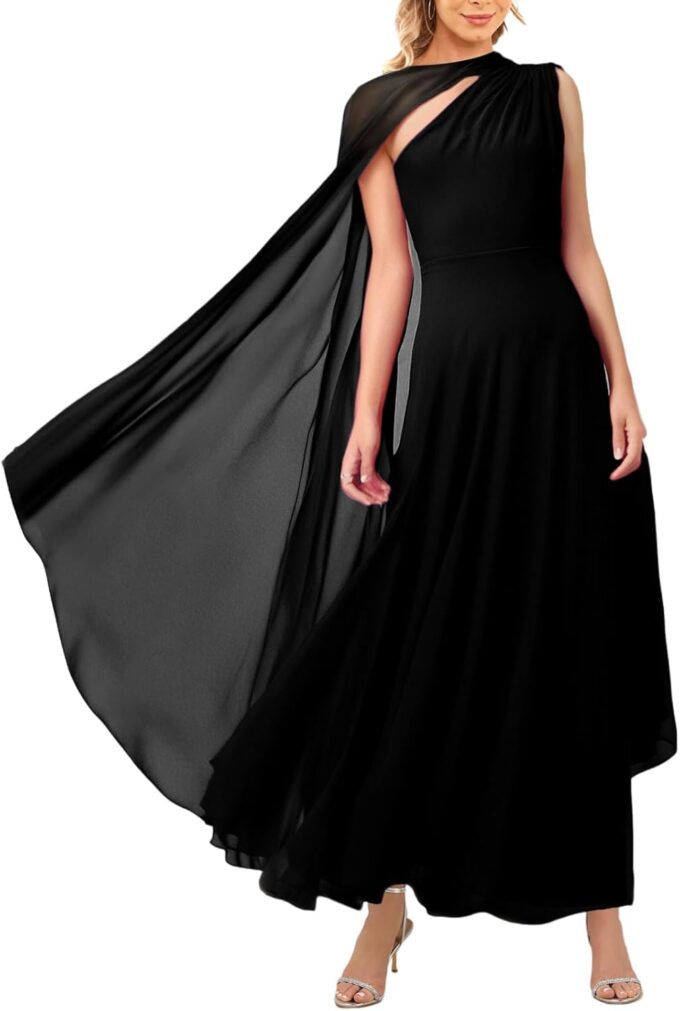 Aisbei Women's Elegant One Shoulder A Line Flowy Maxi Dress Evening Gowns Party Formal Wedding Guest Dresses with Cape – Bild 4