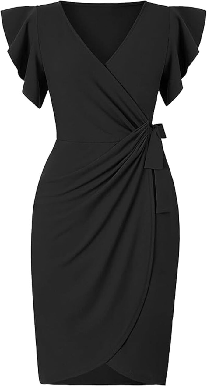 2024 Damen-Wickelkleid mit tiefem V-Ausschnitt, Rüschenärmel, Übergröße, formelle Arbeit, Cocktailparty, elegant, gerüscht, Midi-Wickelkleid mit Gürtel – Bild 2