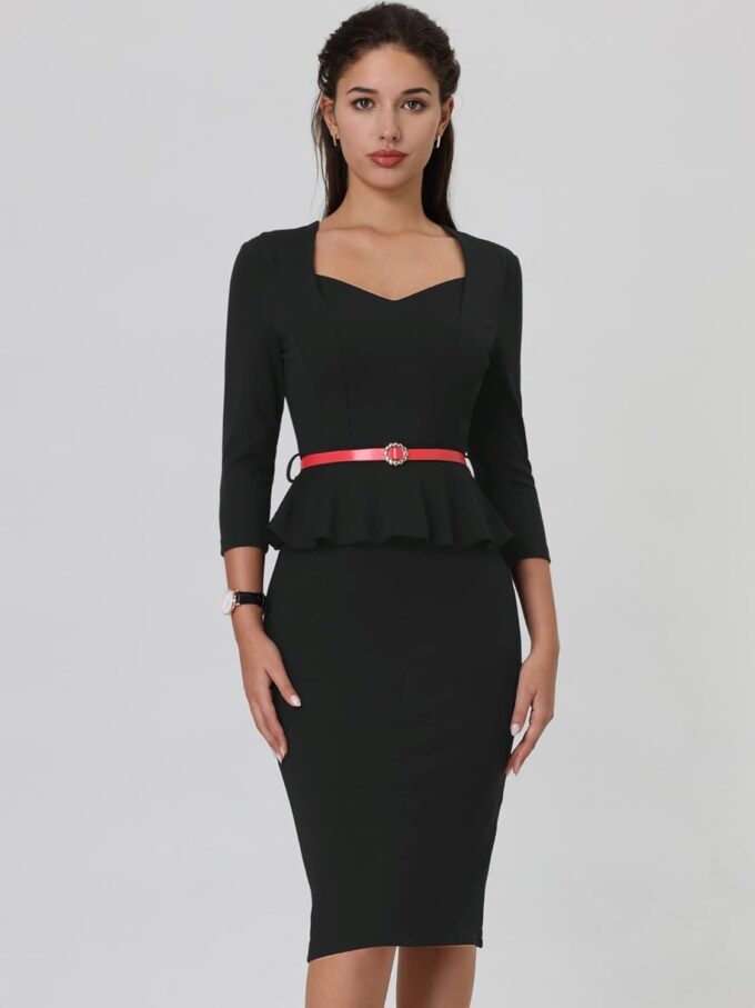 Hobemty Damen Schößchen Bleistift Kleid Sweetheart Neck Gürtel 3/4 Ärmel Etuikleider – Bild 2