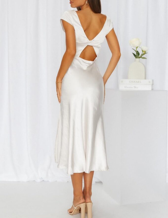 Women's Summer Satin Elegance Backless Twist Cap Sleeves Midi Dress 2025 Sexy Cowl Neck Slit Cocktail Wedding Guest Dresses – Bild 4