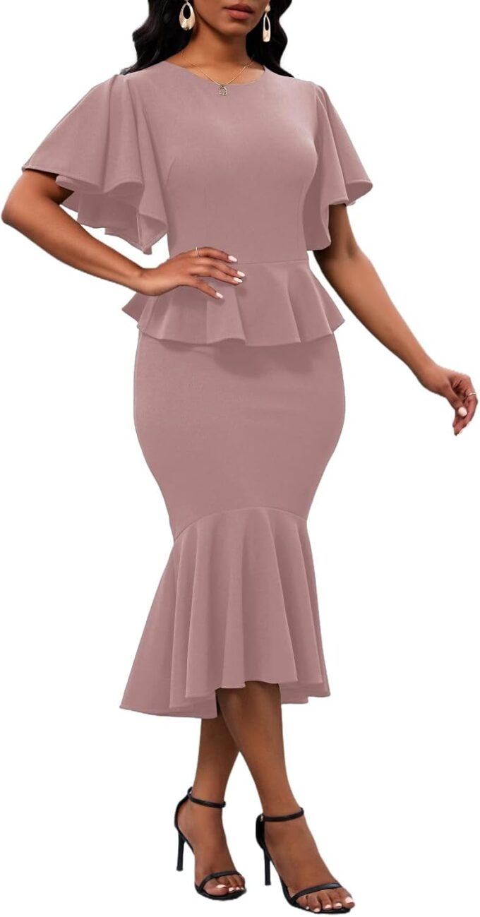 Womens Summer Ruffle Short Sleeve Fishtail Dress Evening Cocktail Formal Peplum Midi Mermaid Dresses Elegant – Bild 5