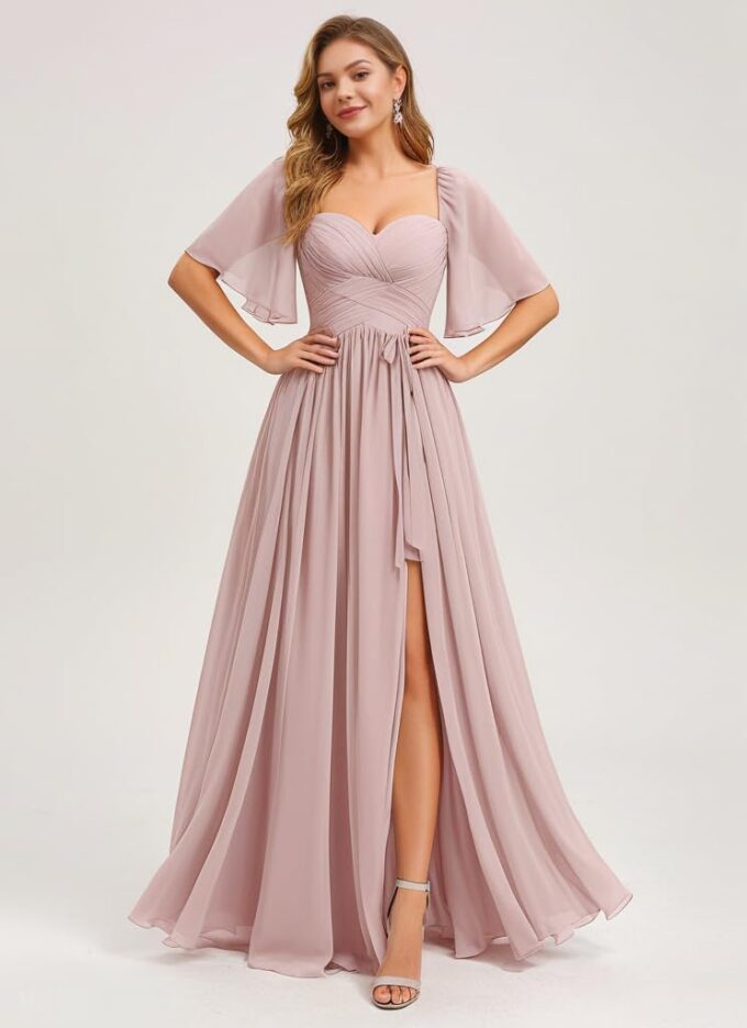 IIF Women's Chiffon Bridesmaid Dresses for Wedding Flutter Sleeves Ruched A Line Long Formal Dress with Slit IIF149 – Bild 3