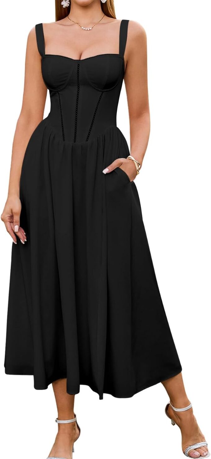 KUTUMAI Floral Corset Midi Dress Flowy Slit Summer Spring Wedding Guest Dresses for Women Sundress with Pockets