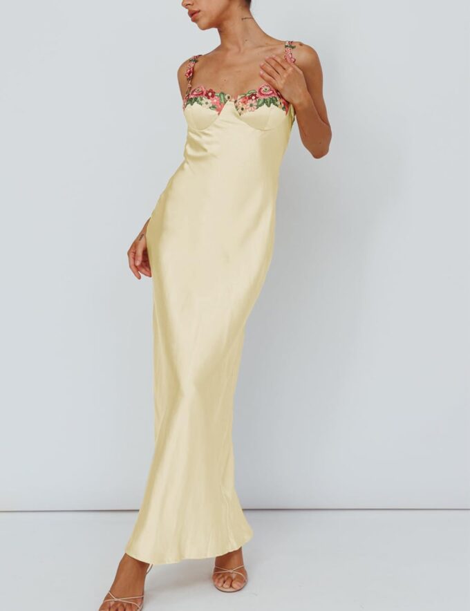 Sexy Satin Spaghetti Strap Floral Embroidered Maxi Dress for Women Sweetheart Neckline Backless Sleeveless Slit Midi Dress – Bild 3