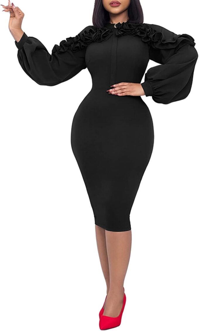 Damen Laternenärmel Vintage Rüschen Bodycon Business Formal Arbeit Bleistiftkleid