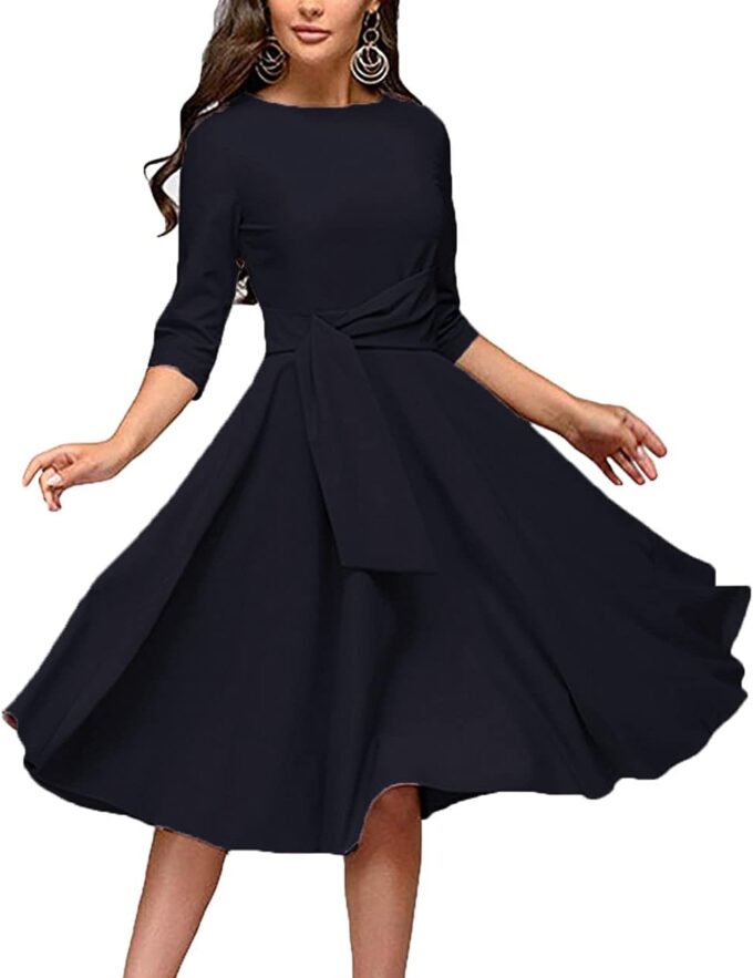 FENJAR Women's Formal Dresses Casual Wedding Guest Church Work Elegance Audrey Hepburn Style A-line Midi Dress
