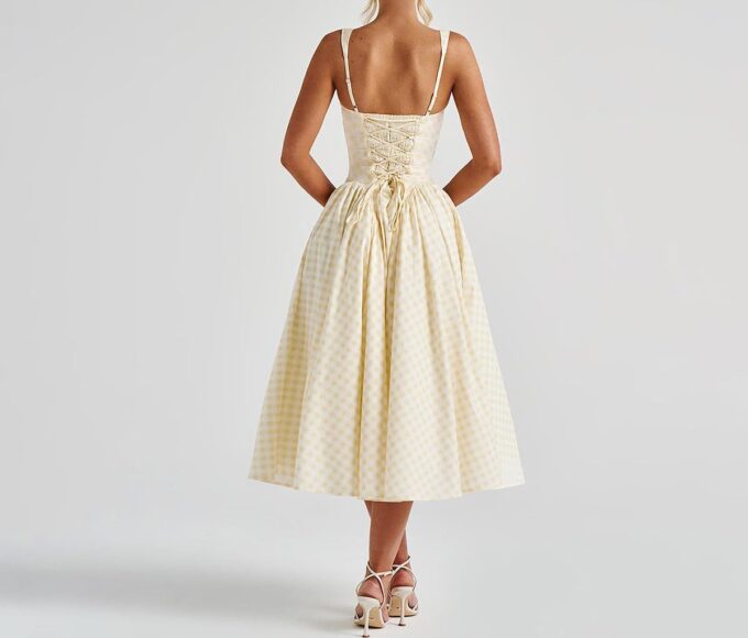 Summer Gingham Long Dress Corset Square Neck Lace Up Casual Sundress Backless A Line Short Dresses for Women – Bild 3