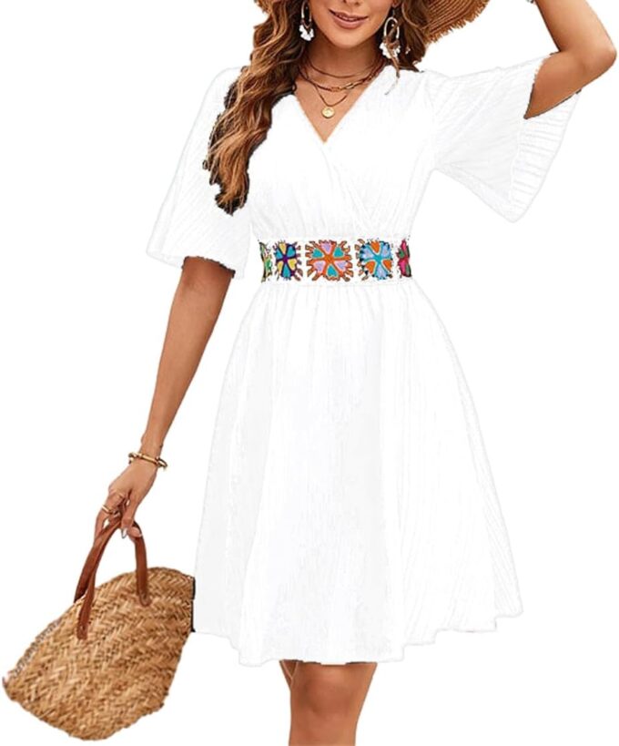 2025 Casual Short Summer Bohemian Dresses for Women Casual Flowy Puff Sleeve Knee Length Midi Sun Dress