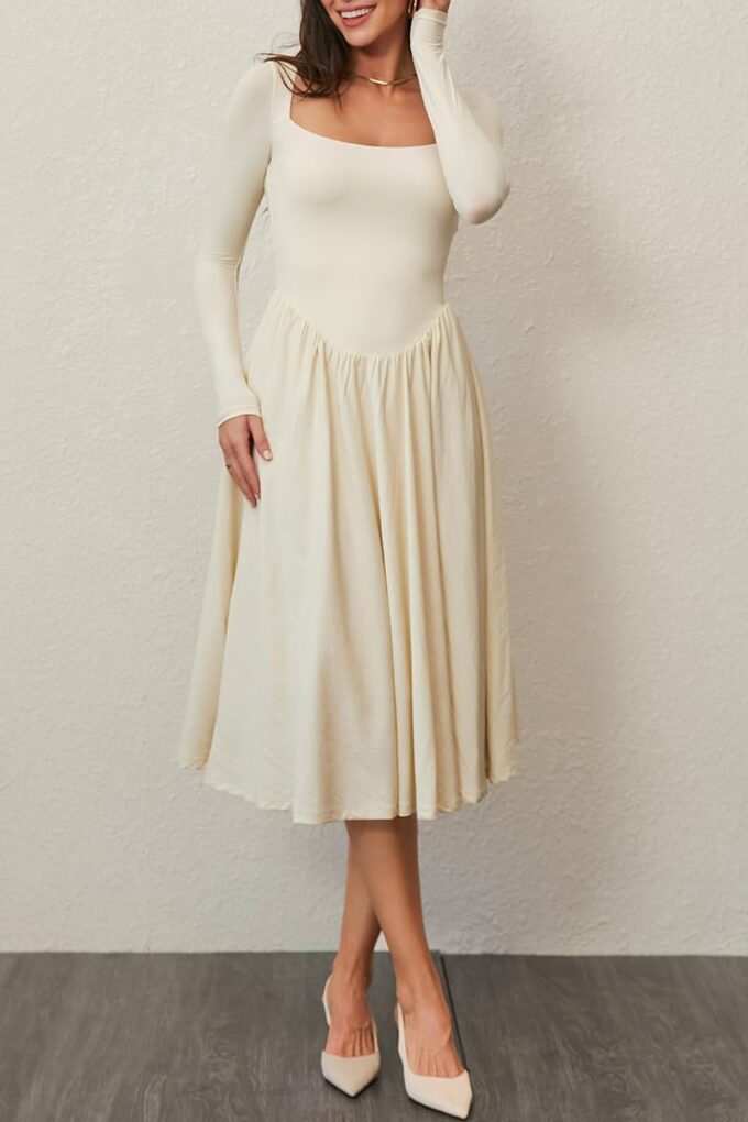 CHYRII Women Spring Fashion 2025 Square Neck Long Sleeve Casual A-Line Midi Dress – Bild 2