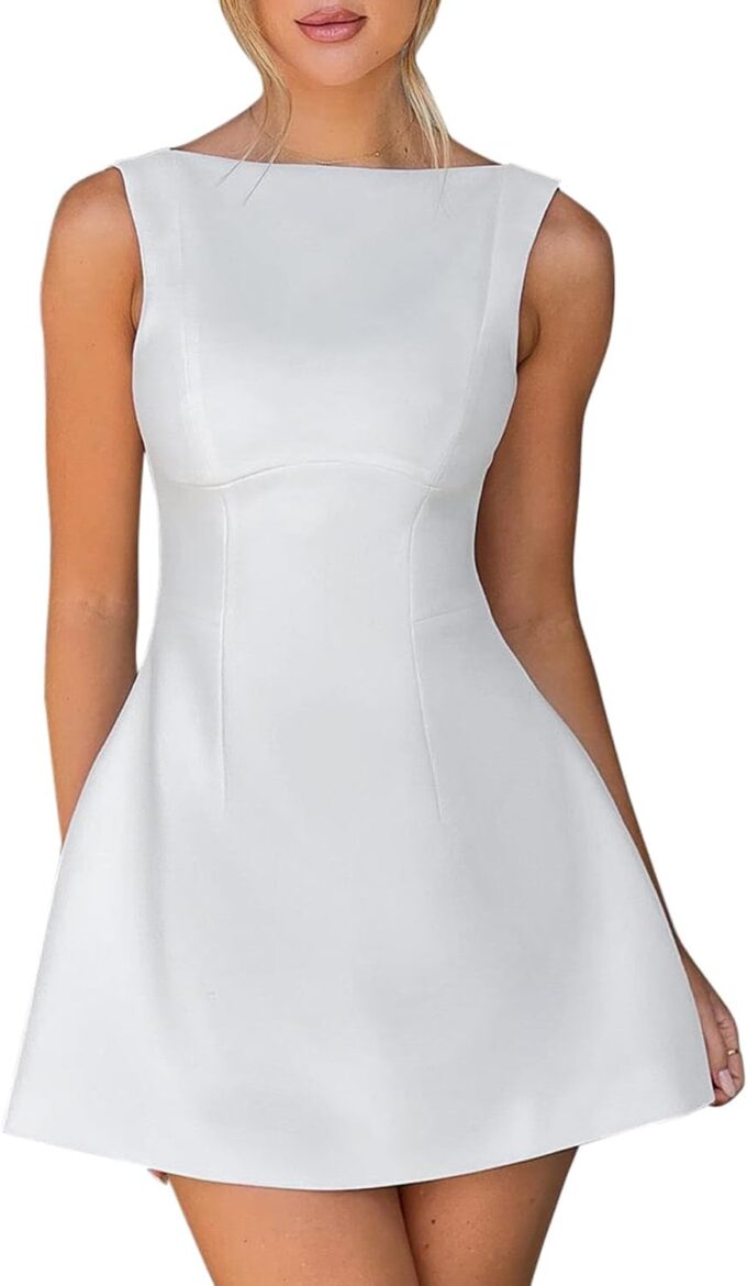 LCNBA Women's Summer Backless Boat Neck Sleeveless Mini Dress Sexy Open Back A-line Graduation Dress