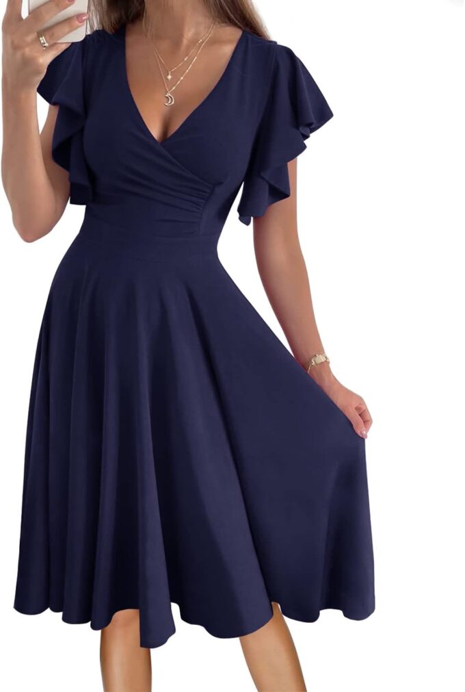 Women's Cocktail Dress Wrap V Neck Ruffle Short Sleeve A Line Work Formal Wedding Guest Midi Dress with Pockets – Bild 2