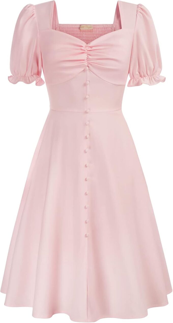 Belle Poque Women 2024 Summer Puff Short Sleeve Cottagecore Dress Vintage 1950s Party Swing Dresses