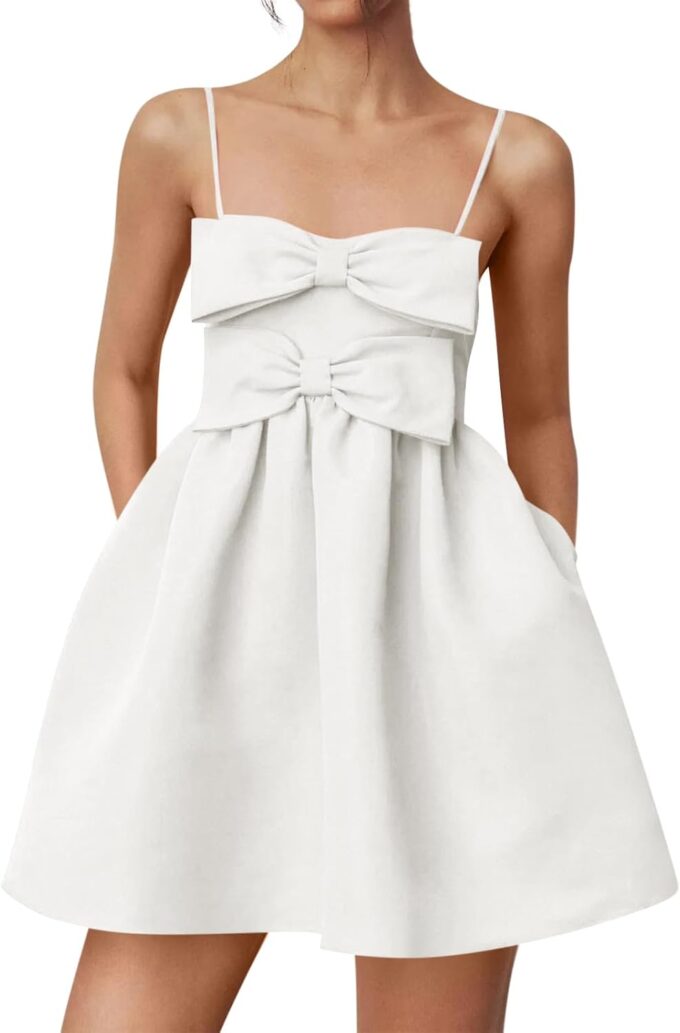 Yousify Womens Cute Bow Mini Dresses Summer Spaghetti Strap A Line Backless Smocked Babydoll Party Dress