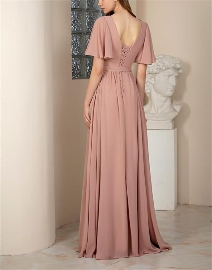 Flutter Sleeve Chiffon Bridesmaid Dresses Long with Pockets Slit V Neck Formal Dress for Women – Bild 3